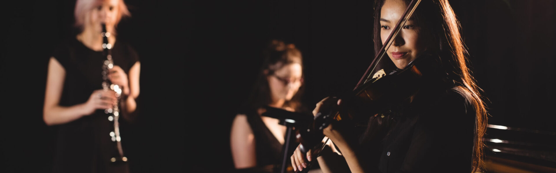 Women playing various instrument in music school